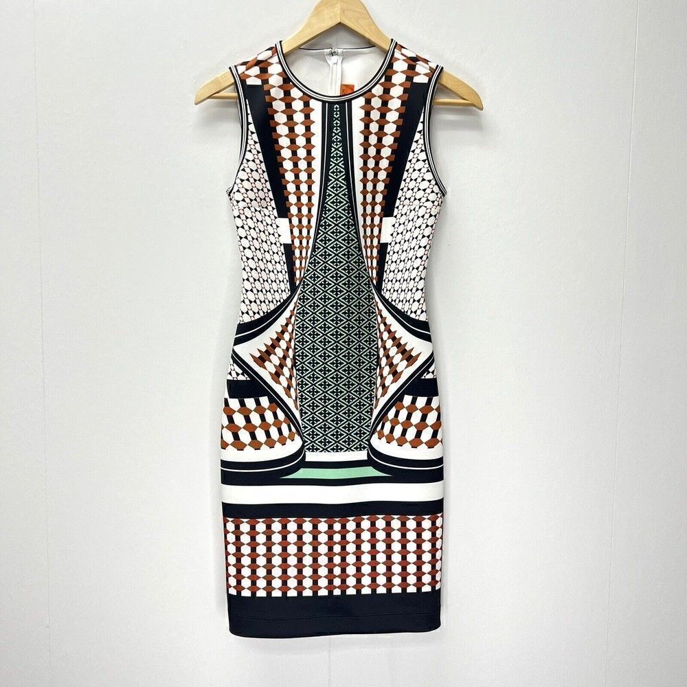 Clover Canyon Neoprene Sheath Dress Earth Tones Bold Print Graphic Sleeveless XS